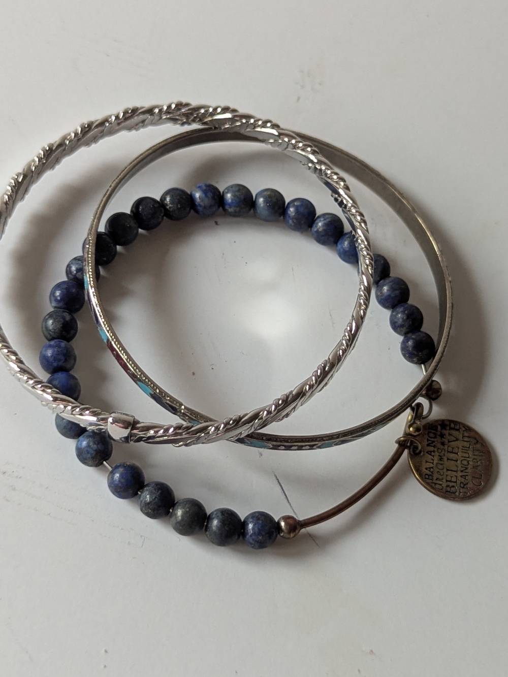 Silvertone and Blue Beaded Stackable Bracelet Set